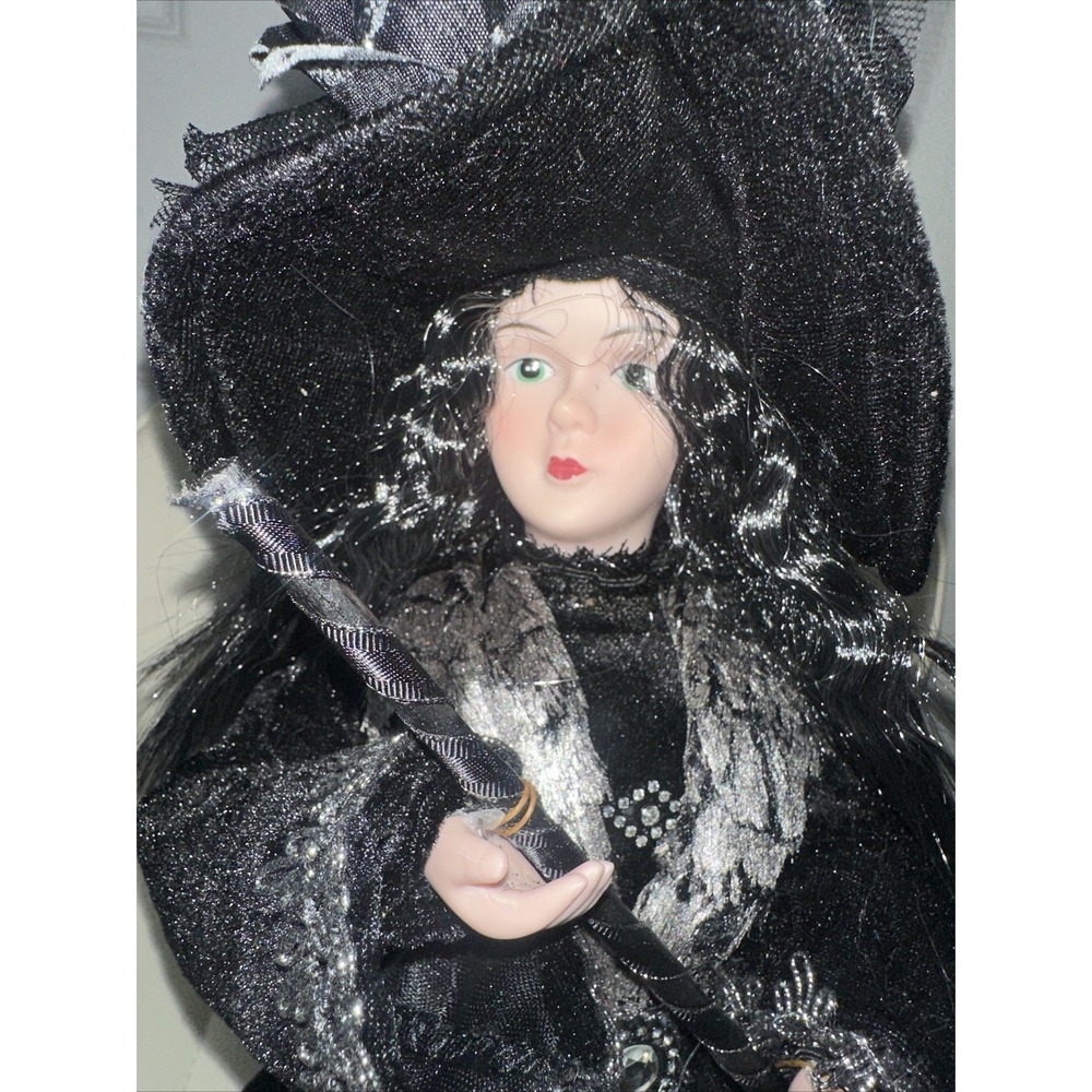 Spooky Village Black Sitting Witch Glitter Broom 23in w/Tag